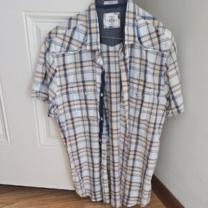 Express Men's Blue and Tan Plaid Button Down Shirt